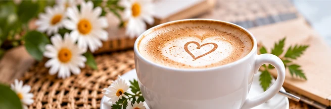 Coffee and flowers on a sunny table